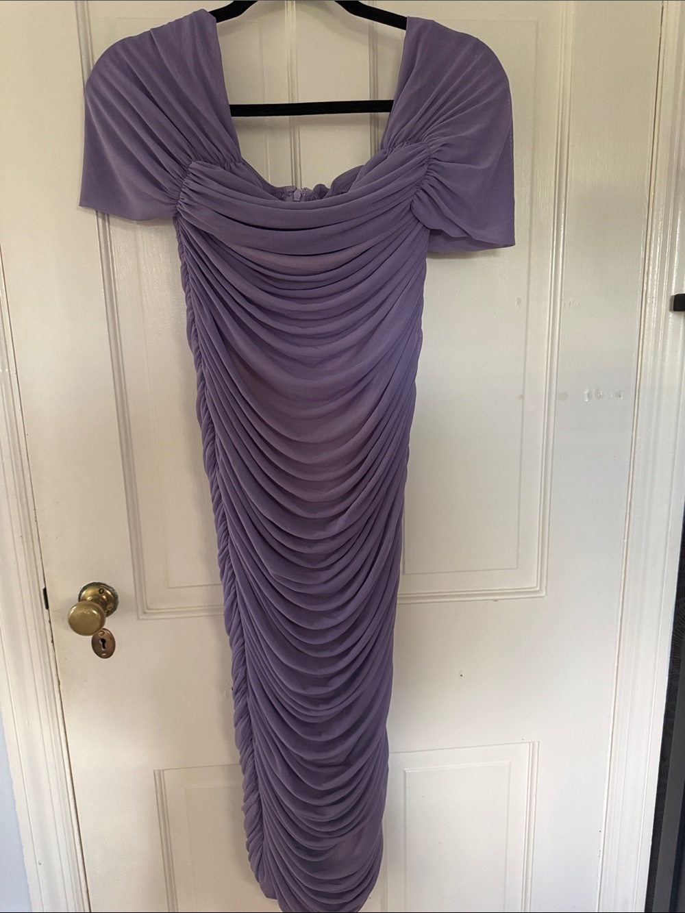 Lavender Ruched Off-Shoulder Midi Dress